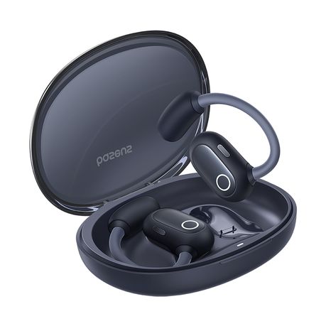 Black wireless earbuds with charging case on a white background