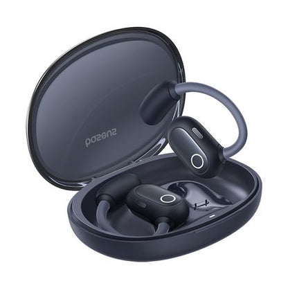 Black wireless earbuds with charging case on a white background