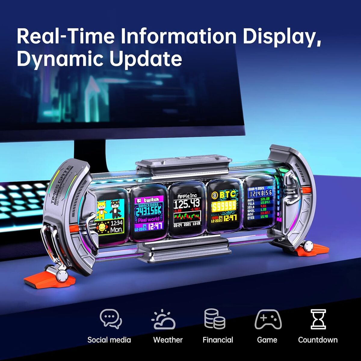 Divoom Times Gate 5‑Screen Smart Pixel Display (Wi‑Fi, RGB, Live Data Tracker) Multifunctional digital display with various information on a blue background