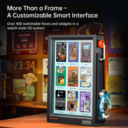 Divoom Times Frame 10.1" Transparent Smart Display (64GB, Wi‑Fi 6, RGB Lighting) Customizable smart interface with multiple display faces on a wooden surface.