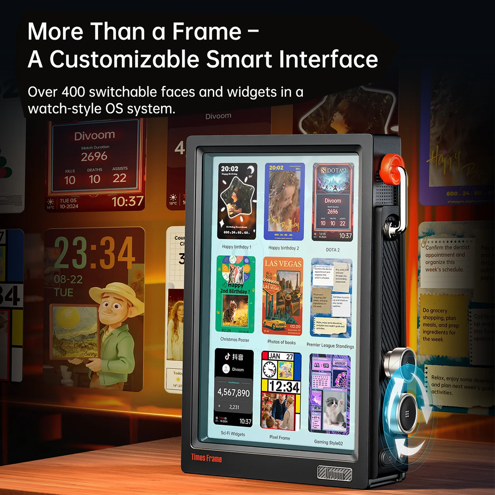 Divoom Times Frame 10.1" Transparent Smart Display (64GB, Wi‑Fi 6, RGB Lighting) Customizable smart interface with multiple display faces on a wooden surface.