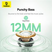 Baseus SuperBass speaker with 'Punchy Bass' text and 12MM label on a light gray background.