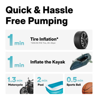 Advertisement for a quick and hassle-free pumping device with examples of use on a white background.