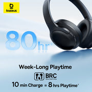 Black headphones with 80-hour playtime feature on a light blue background, featuring Baseus logo.