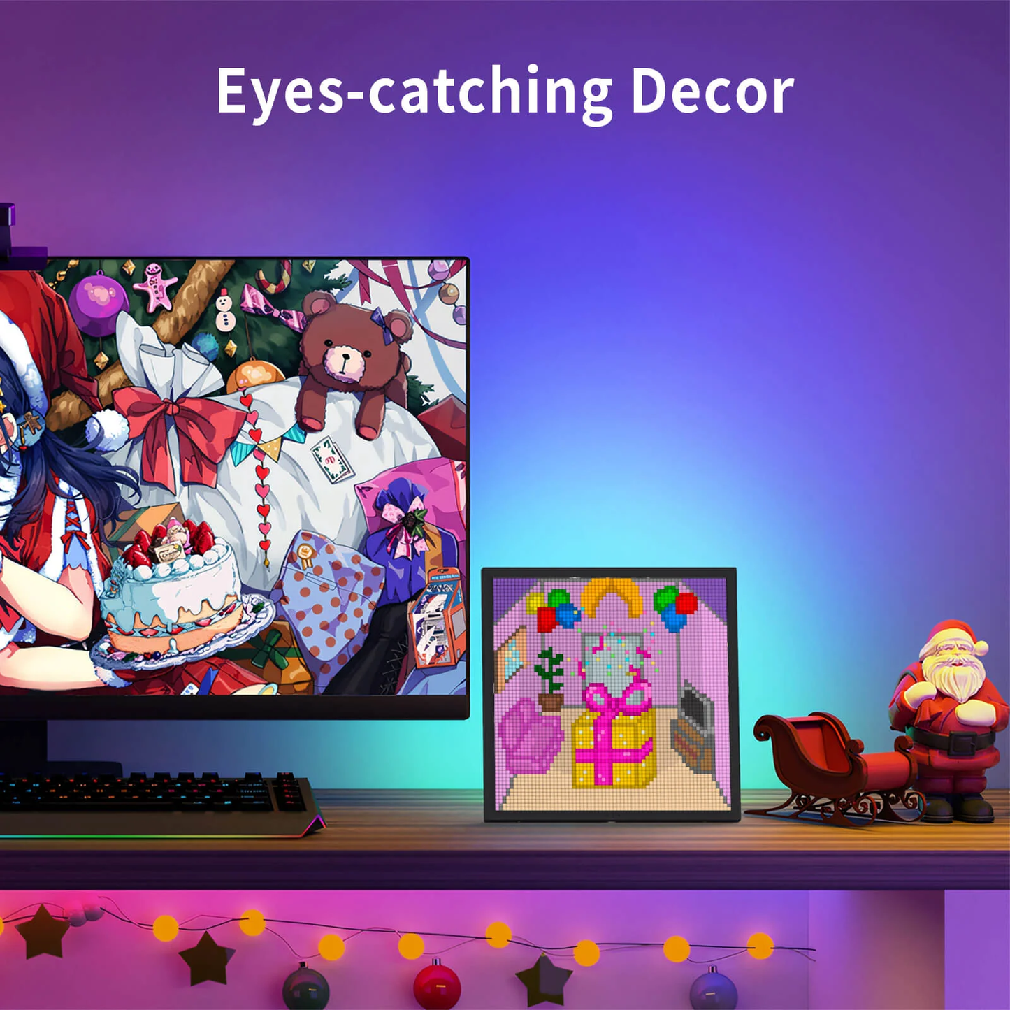 Divoom Pixoo 16×16 RGB Pixel LED Display (Smart App, Desktop & Wall Mount) Decorative items on a shelf with colorful lights and 'Eyes-catching Decor' text.