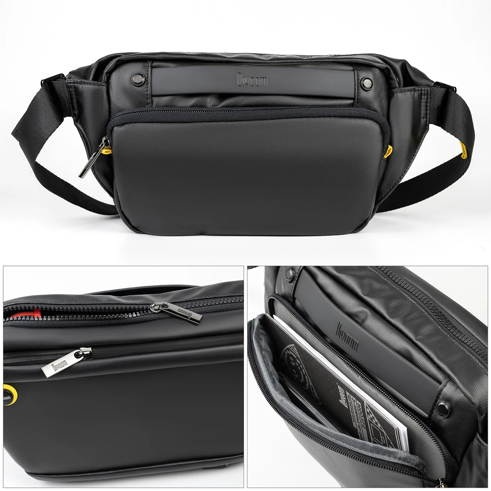 Divoom Pixoo Slingbag‑V Smart LED Sling Bag (4.7" Pixel Screen, App Control) Black waist bag with multiple views on a white background