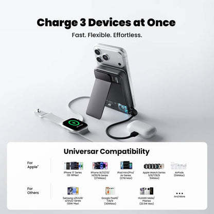 Sharge ICEMAG 3 MagSafe Power Bank (10000mAh, 25W Wireless, 35W USB‑C PD) Multibar device charging multiple devices with text 'Charge 3 Devices at Once' on a white background.