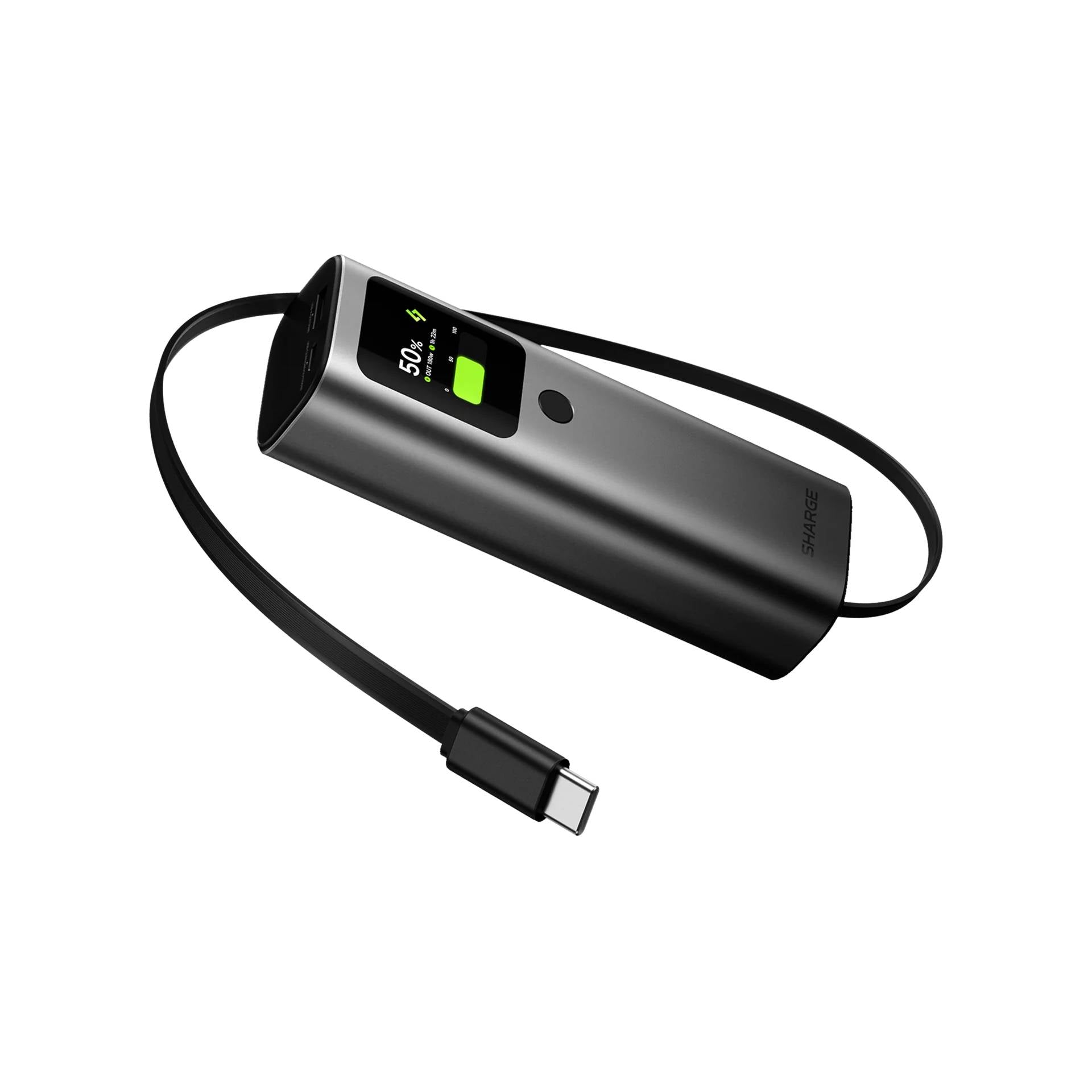 Sharge Retractable 165W Power Bank (20000mAh, Built‑in 100W USB‑C Cable) Portable charger with digital display and cable on a white background