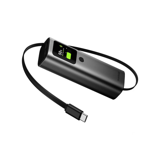 Sharge Retractable 165W Power Bank (20000mAh, Built‑in 100W USB‑C Cable) Portable charger with digital display and cable on a white background