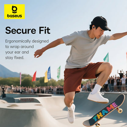 Person skateboarding with 'Baseus' advertisement text overlay