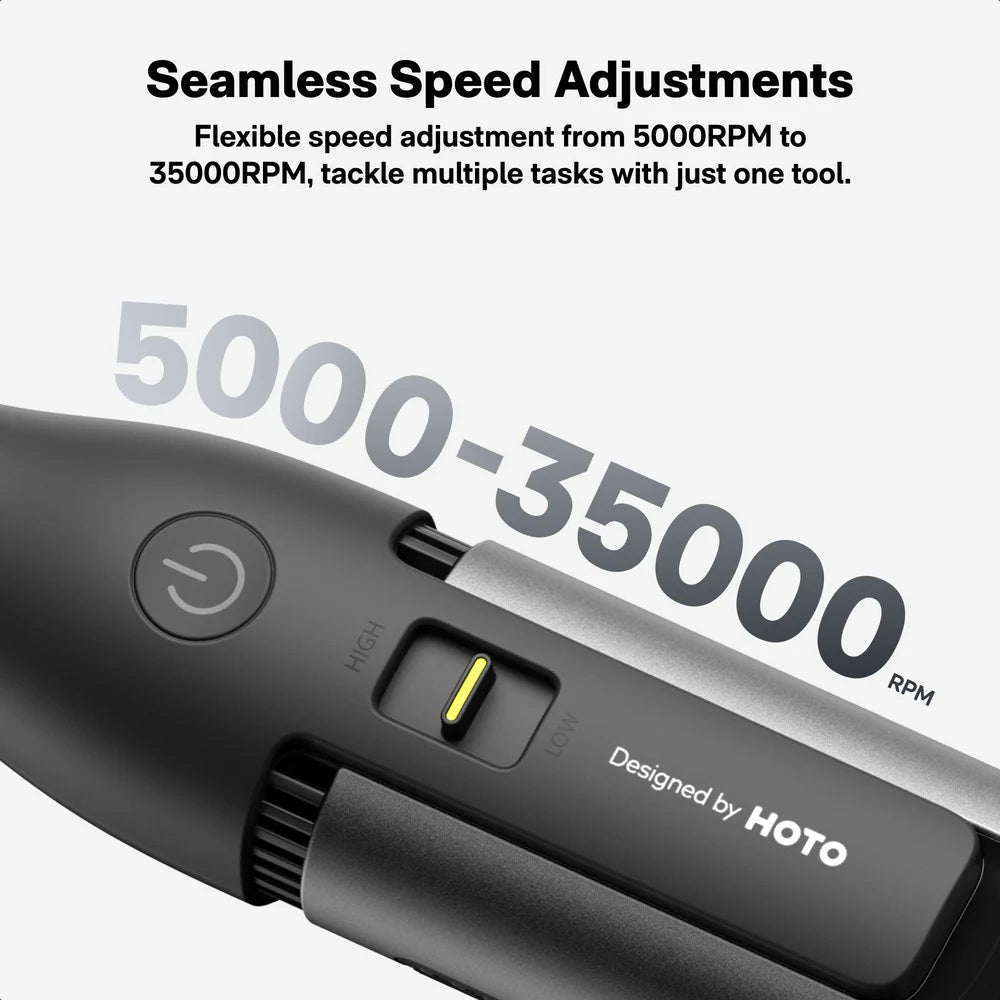 HOTO 12V Rotary Tool Kit Pro, Black tool with speed adjustment controls and text about seamless speed adjustments from 5000 to 35000 RPM, designed by HOTO.