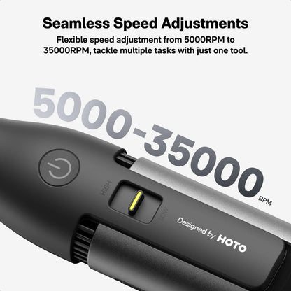 HOTO 12V Rotary Tool Kit Pro, Black tool with speed adjustment controls and text about seamless speed adjustments from 5000 to 35000 RPM, designed by HOTO.