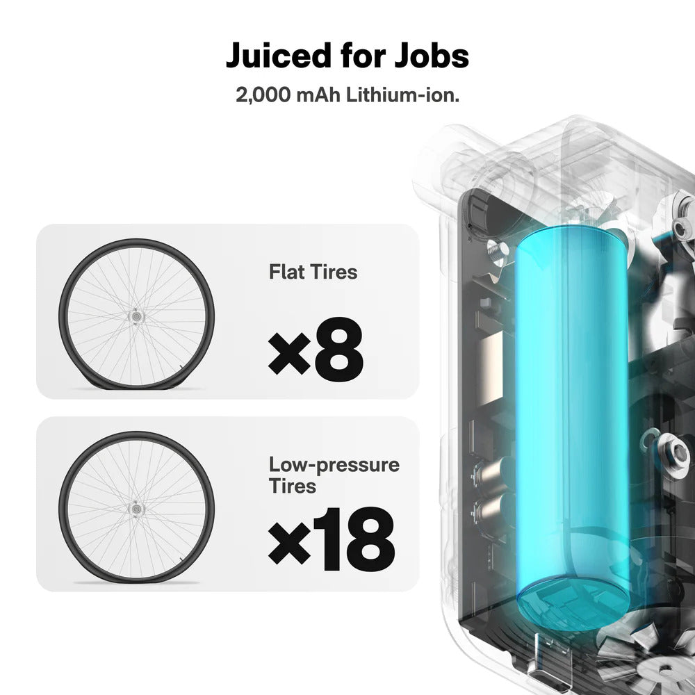 HOTO Air Pump Pocket, Lithium-ion battery pack with bicycle tire repair statistics on a white background