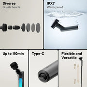 HOTO Cordless Spin Scrubber 6 Brush Head Set Product features including brush heads, waterproof rating, runtime, connectivity, flexibility, and length on a gray background.