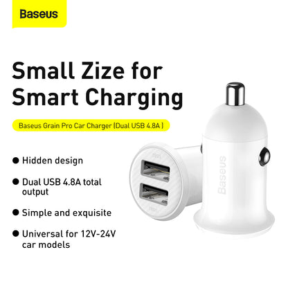 Baseus Grain Pro Series Smart Fast Charge Dual USB 4.8A 12V-24V Car Charger White