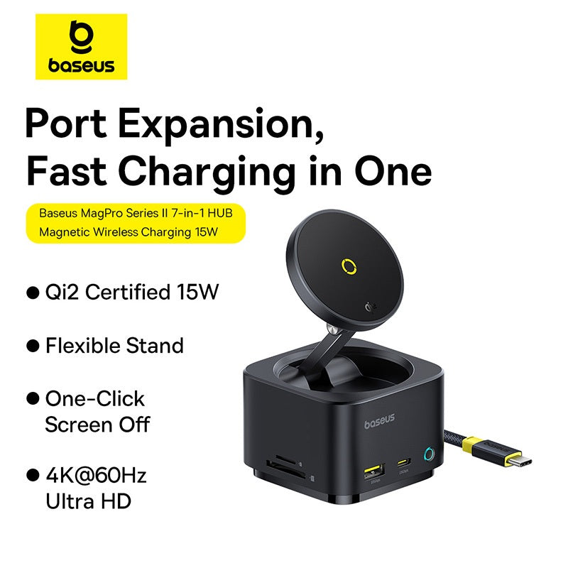 Baseus hub with wireless charging and USB ports on a white background