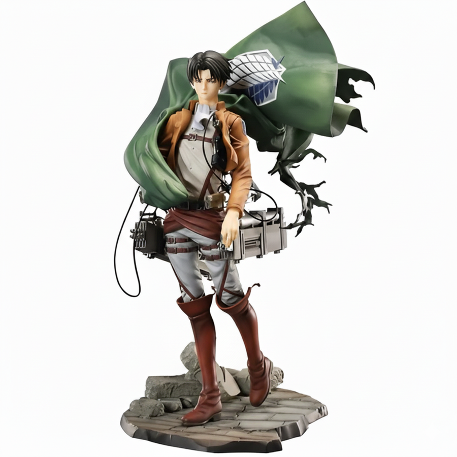 Statue of a character from an anime or manga with a green cape and weapon on a white background