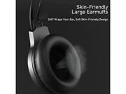Close-up of a pair of headphones with text highlighting skin-friendly design. Aula S605 Wired RBG Gaming Headset