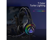 Gaming headset with 7 color turbo lighting feature on a dark background