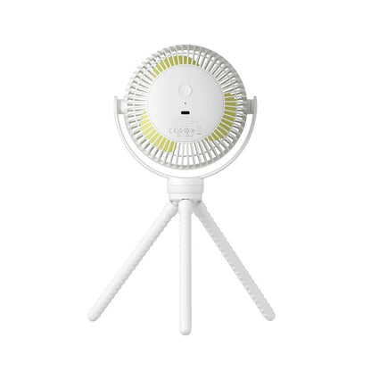White handheld fan with a tripod stand on a white background