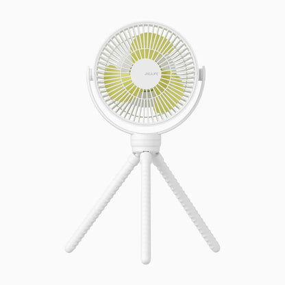 White handheld fan with yellow center on a white background
