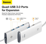 Baseus Lite Series 4-Port USB-A HUB Adapter (USB-A to USB-A 3.0 x4) - 25cm White 4