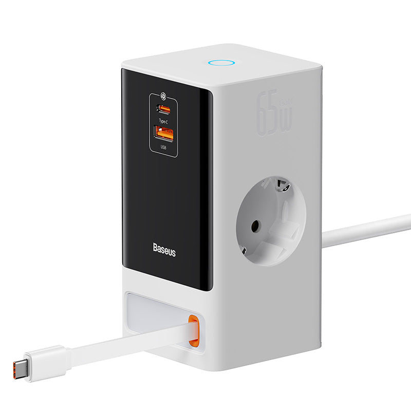 Baseus PowerCombo Series 65W Digital PowerStrip with Retractable-C Cable - Smart Version White 1