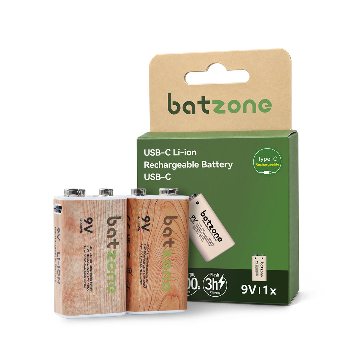 Two Batzone 9V 1.5V rechargeable Li-ion batteries with a natural wood grain finish, shown in front of their green and brown cardboard retail packaging box on a white background.