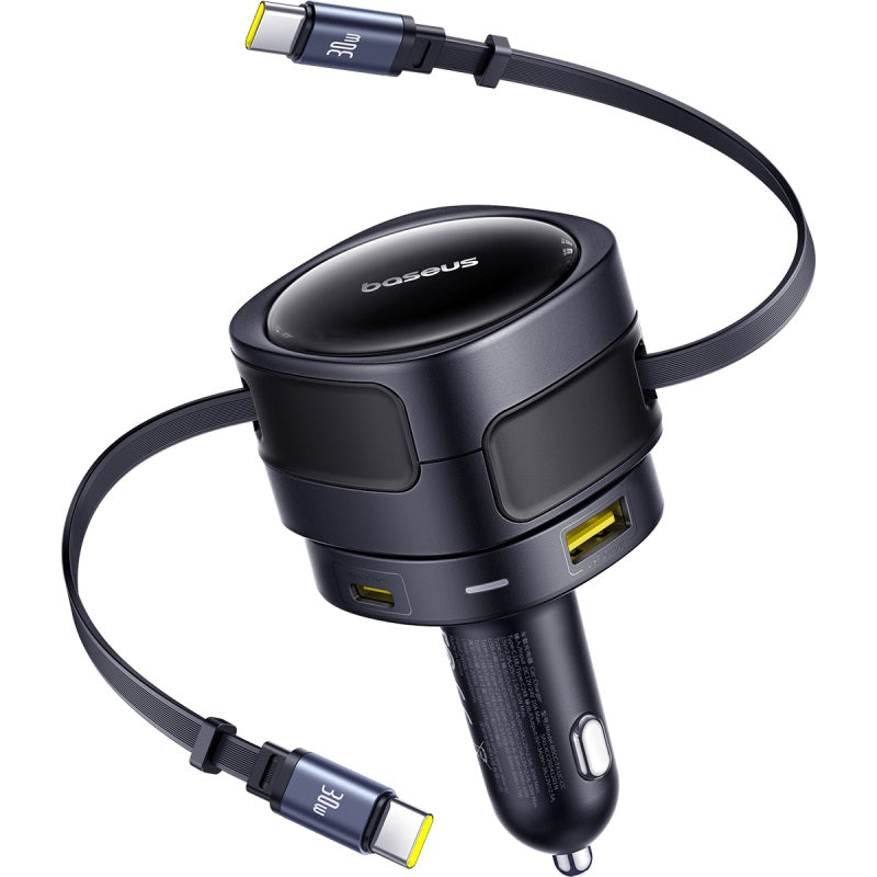 Car charger with USB-C cable on a white background