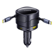 Black car charger with multiple ports on a white background