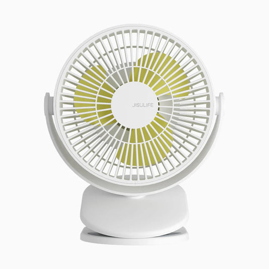Small fan with white base and yellow blades on a white background