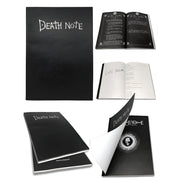 A collection of images showing a black replica notebook with 'DEATH NOTE' text, a CD with the soundtrack, a feather pen, and an open view of the notebook's interior with blank pages.