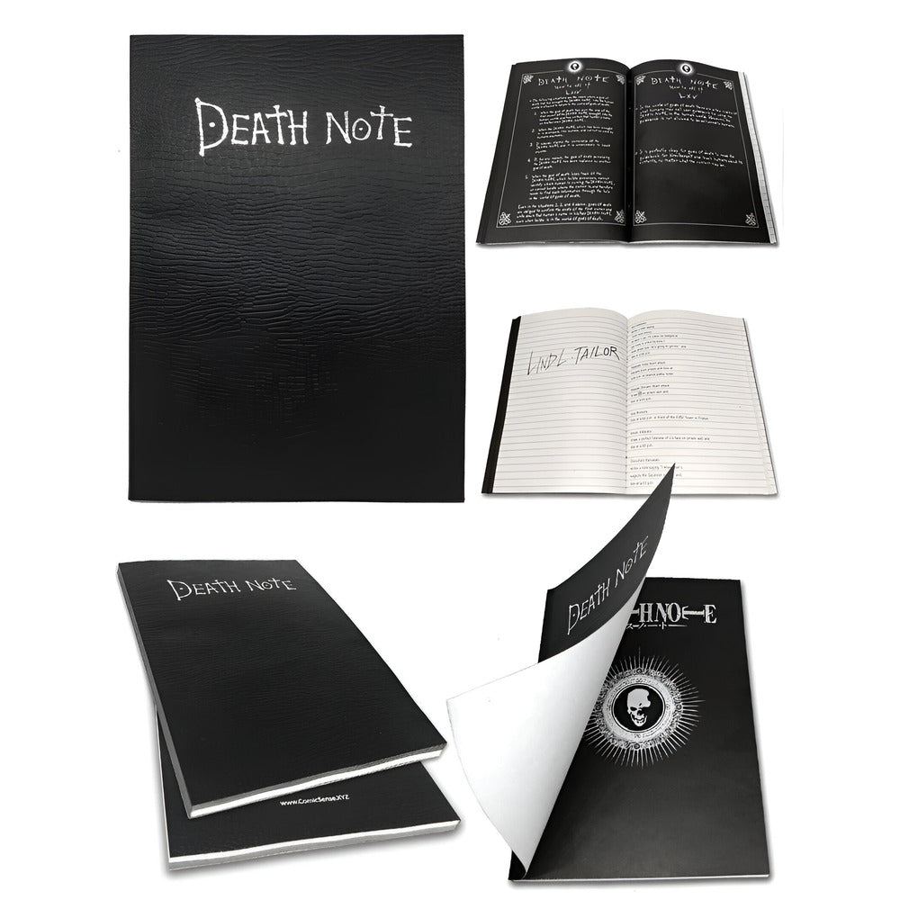 A collection of images showing a black replica notebook with 'DEATH NOTE' text, a CD with the soundtrack, a feather pen, and an open view of the notebook's interior with blank pages.