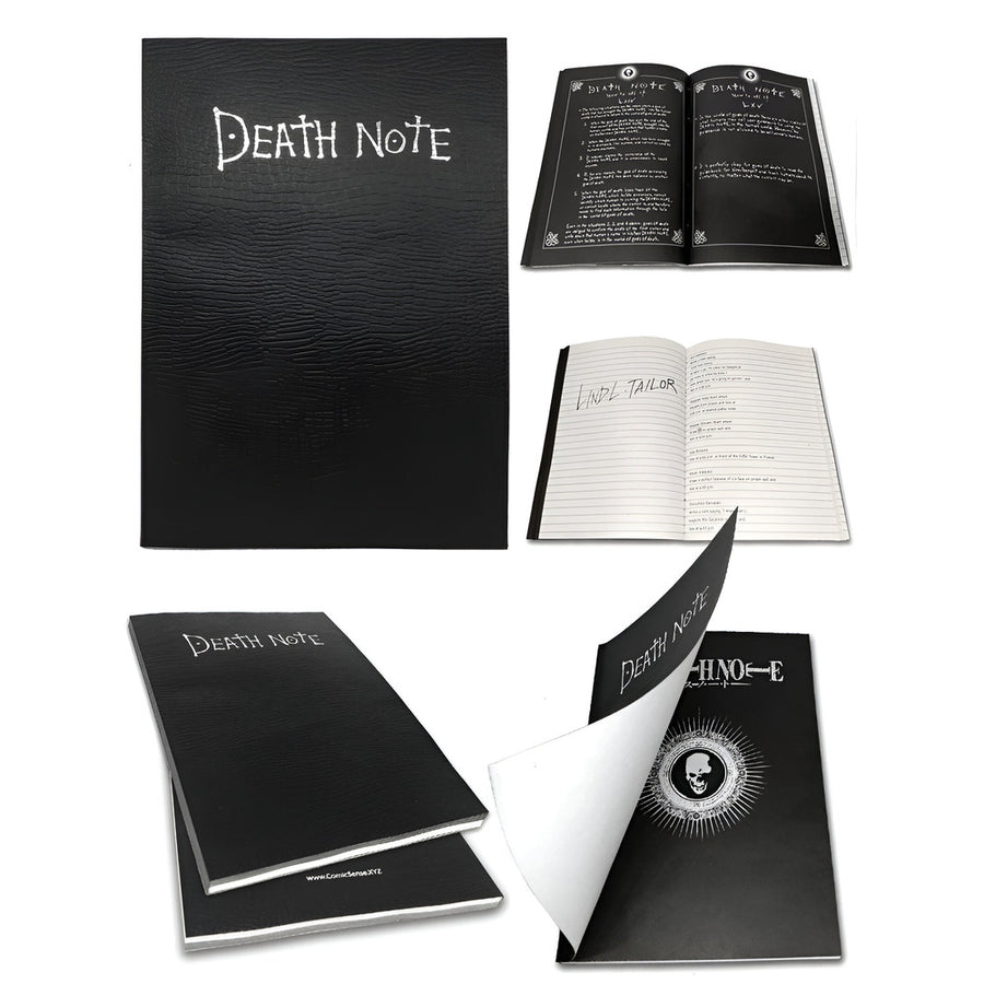 A collection of images showing a black replica notebook with 'DEATH NOTE' text, a CD with the soundtrack, a feather pen, and an open view of the notebook's interior with blank pages.