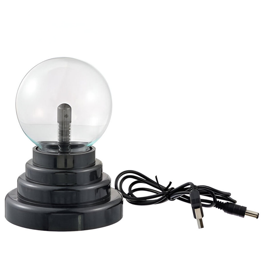 A compact decorative plasma globe light ball with a clear glass top and a black base, accompanied by a power cord.