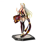 Anime figure of Daki from Demon Slayer with a flowing hair and an elaborate outfit, standing on a black base stand with Japanese text.
