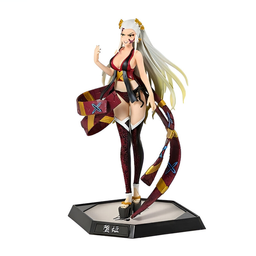 Anime figure of Daki from Demon Slayer with a flowing hair and an elaborate outfit, standing on a black base stand with Japanese text.