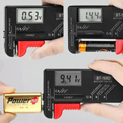 Digital multimeter measuring voltages of Power Plus batteries on a gray background