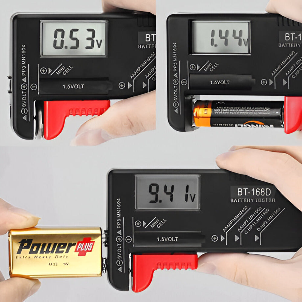 Digital multimeter measuring voltages of Power Plus batteries on a gray background