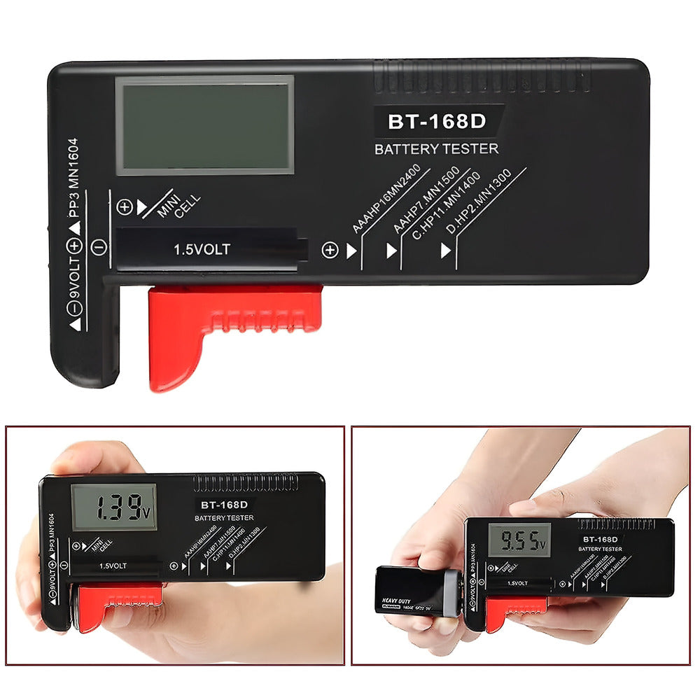 Digital battery tester with display and measurement capabilities, shown in use.