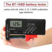 BT-168D battery tester held by a hand with batteries inserted, on a white background. Digital Battery Tester Volt Checker for 9V 1.5V & AA AAA Cell
