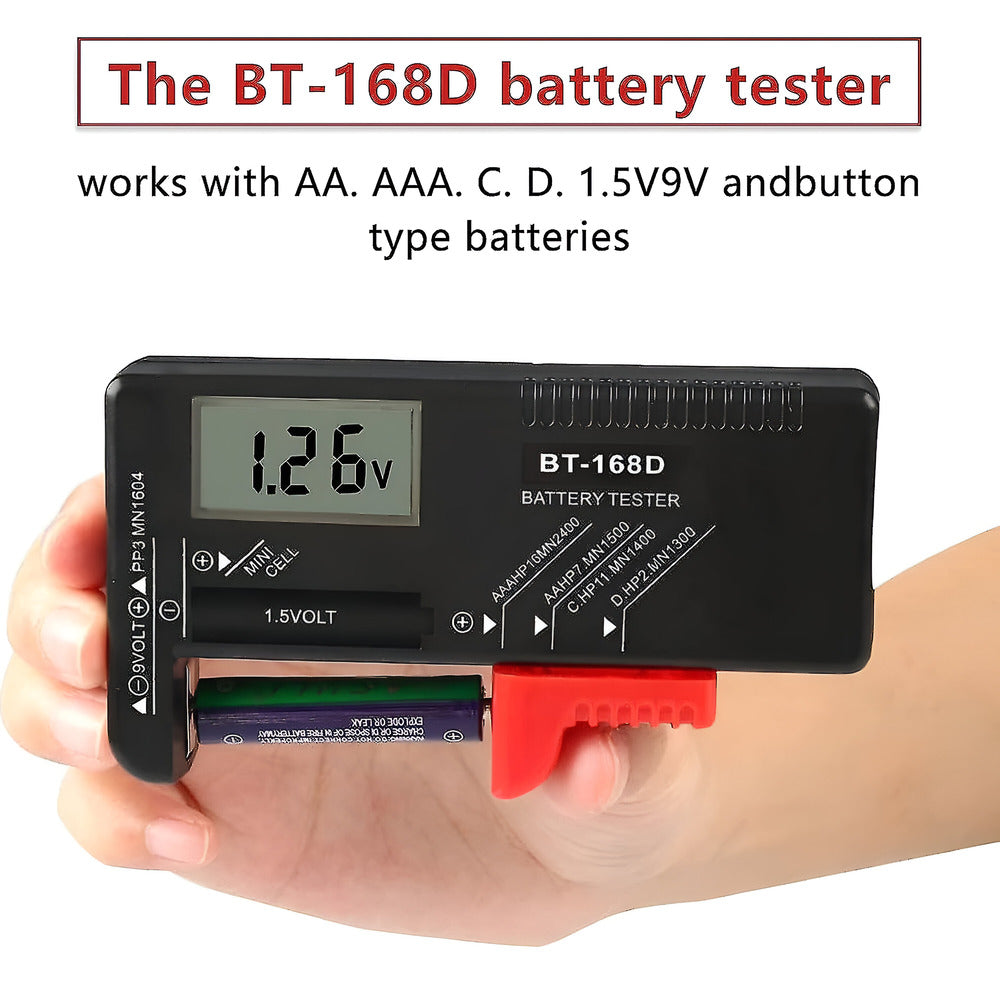 BT-168D battery tester held by a hand with batteries inserted, on a white background. Digital Battery Tester Volt Checker for 9V 1.5V & AA AAA Cell