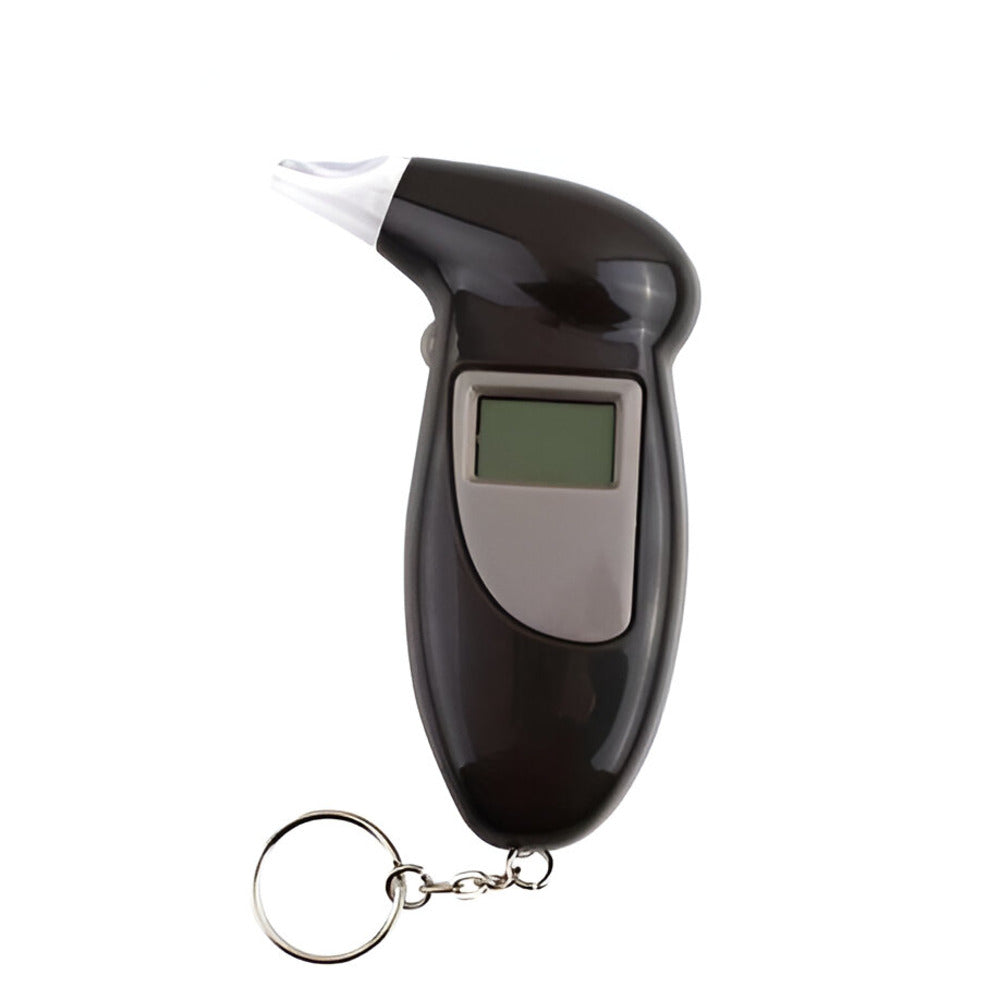 A digital breath alcohol tester with a black casing, featuring a digital screen and a keychain attachment.