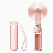 Jisulife Life8 3-in-1 Portable Fan Power Bank Torch USB-C Pink handheld fan with USB charging cable on a white background