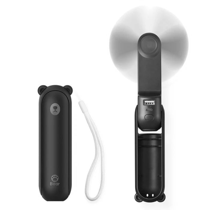 Jisulife Life8 3-in-1 Portable Fan Power Bank Torch USB-C Black electronic device with a white cable on a white background