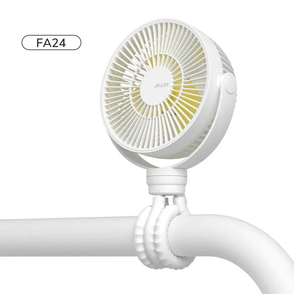Jisulife Life1 Baby Clip Fan Portable 4000mAh Quiet Flexible mounted with its flexible tripod mount on a bed pole  