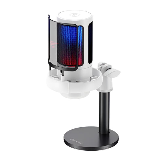 White microphone with blue and red lights on a stand against a white background