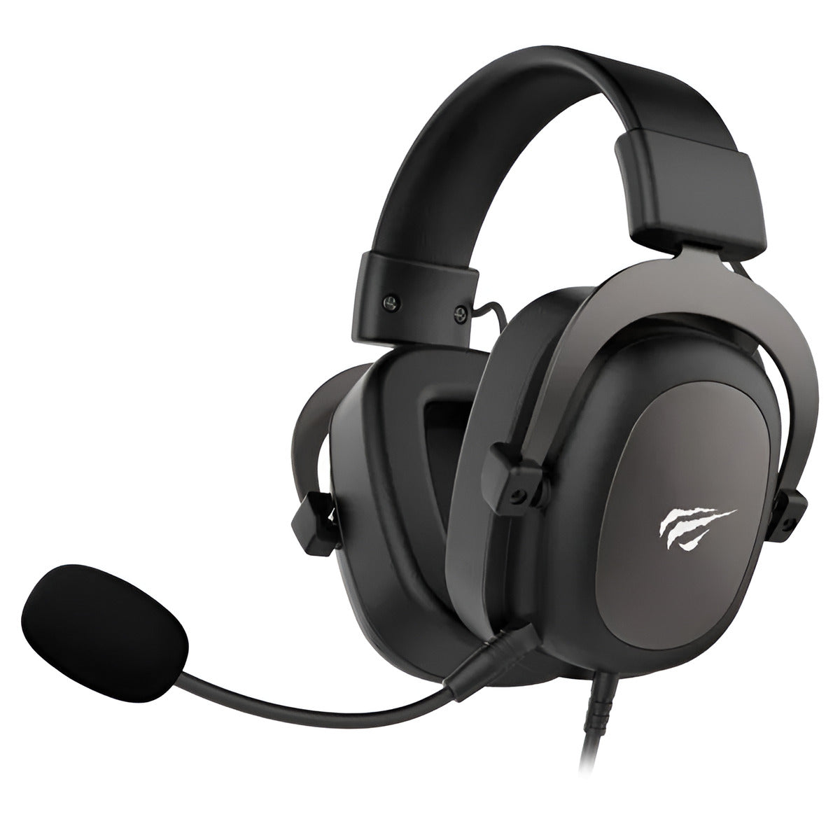 Black gaming headset with microphone on a white background