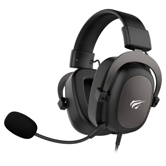 Black gaming headset with microphone on a white background