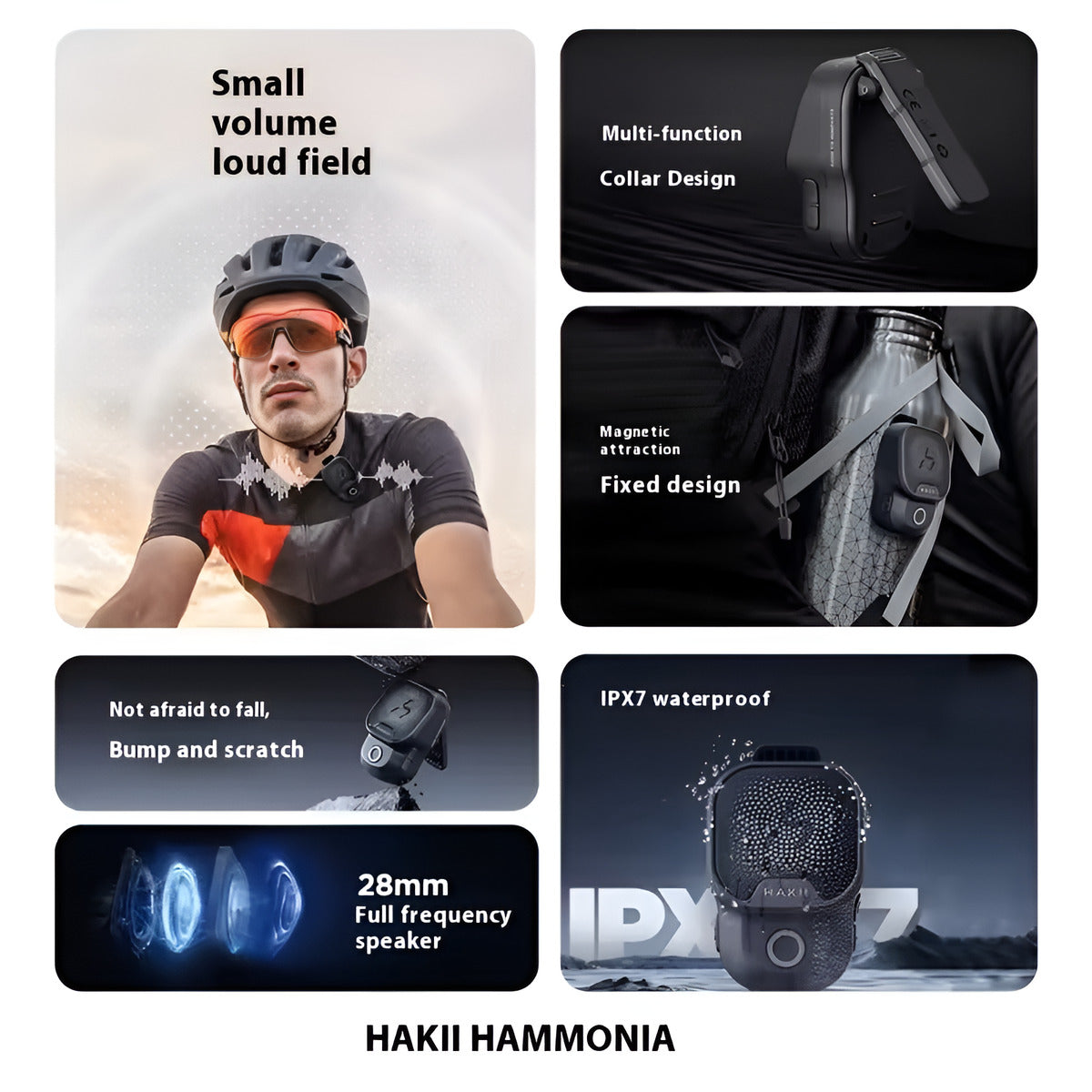 HAKII HAMMONIA product features including volume, design, waterproof rating, and speaker size.